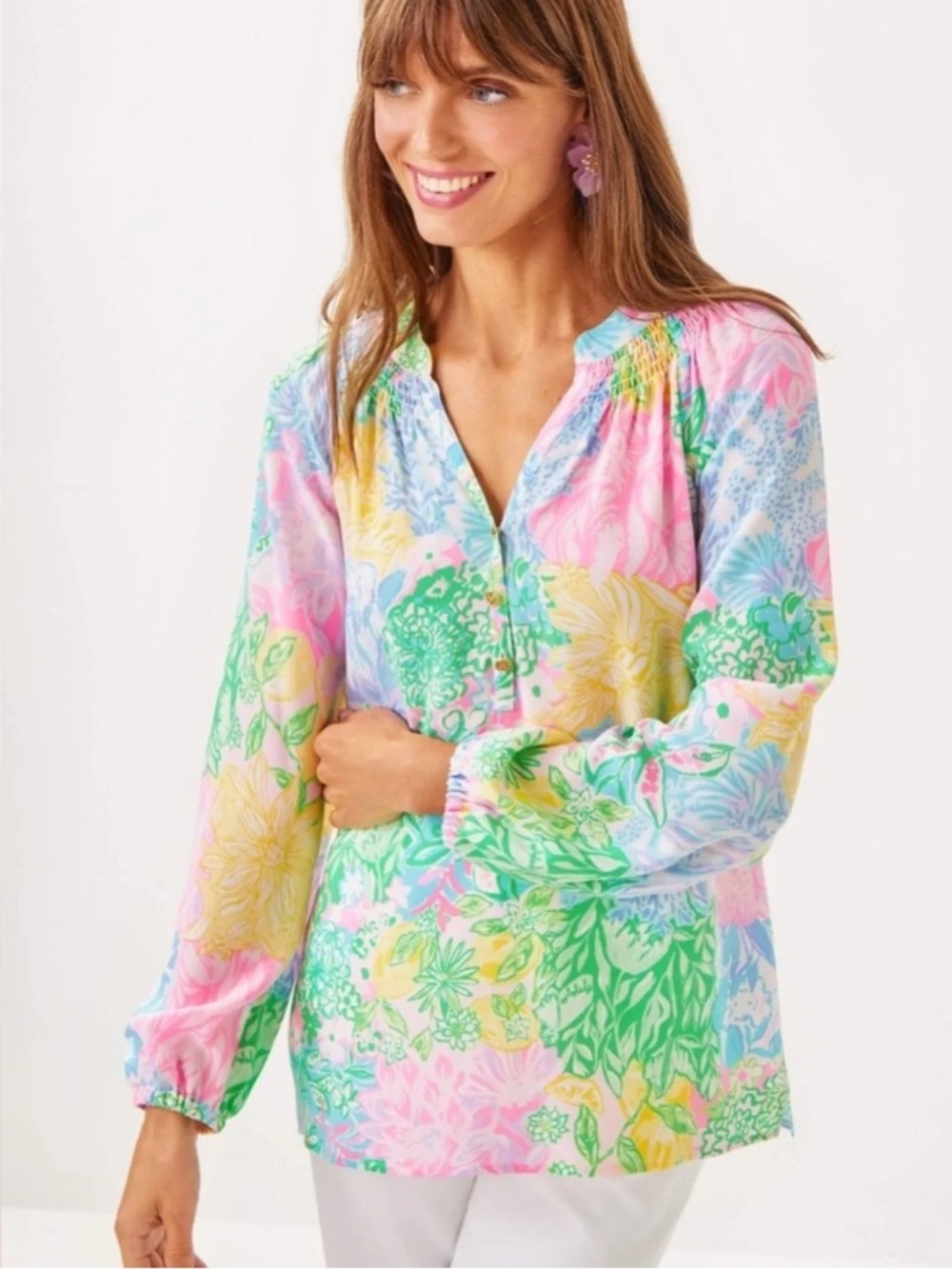 NWT Lilly Pulitzer Bright Delight Patch Long Sleeve Silk Elsa Top